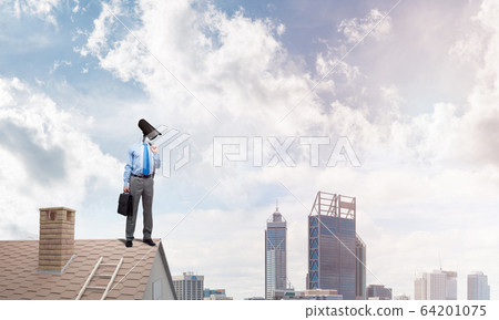 Concept of home security and privacy protection with camera headed man Concept of home security and privacy protection with camera headed man 64201075