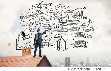 Rear view of businessman on house roof drawing his new business Rear view of businessman on house roof drawing his new business 64201080