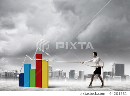 Businesswoman pulling arrow with rope and making it raise up Businesswoman pulling arrow with rope and making it raise up 64201381