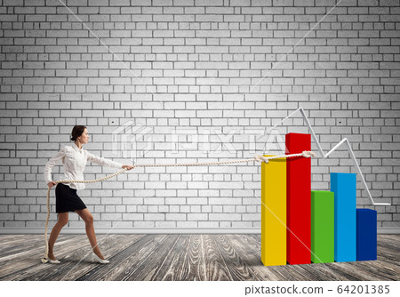 Businesswoman pulling garph with rope as symbol of power and control Businesswoman pulling garph with rope as symbol of power and control 64201385
