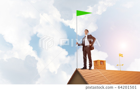 Young businessman with flag presenting concept of leadership. Mixed media Young businessman with flag presenting concept of leadership. Mixed media 64201501