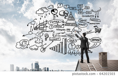Rear view of businessman on house roof drawing his new business Rear view of businessman on house roof drawing his new business 64201503