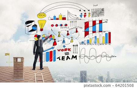 Rear view of businessman on house roof drawing his new business 64201508