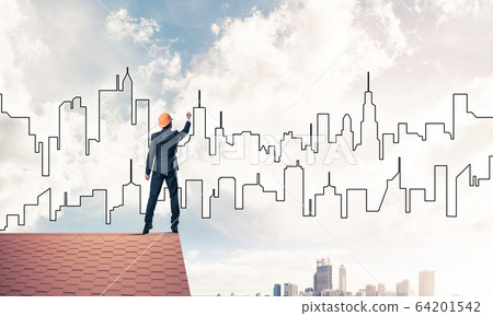 Man architect draw silhouette of modern city on blue sky. Mixed Man architect draw silhouette of modern city on blue sky. Mixed 64201542