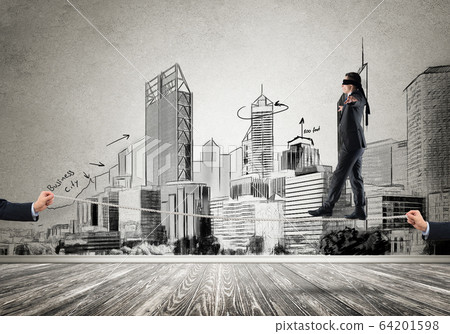 Business concept of risk support and assistance with man balancing on rope Business concept of risk support and assistance with man balancing on rope 64201598