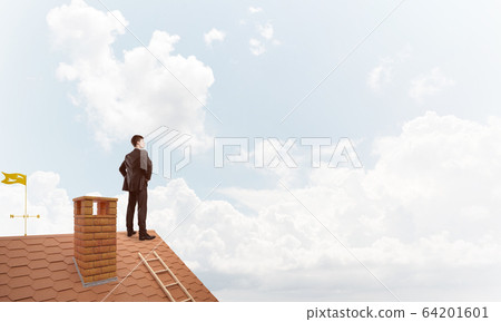 Mister boss on brick roof with arms akimbo. Mixed media 64201601
