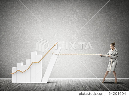 Businesswoman pulling graph with rope as symbol of power and control 64201604