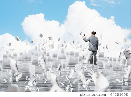 Businessman standing with megaphone. Businessman standing with megaphone. 64201608