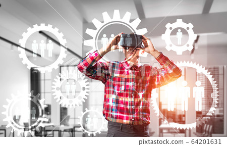 Guy wearing checked shirt and virtual mask demonstrating some emotions Guy wearing checked shirt and virtual mask demonstrating some emotions 64201631