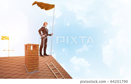 Young businessman with flag presenting concept of leadership. Mixed media Young businessman with flag presenting concept of leadership. Mixed media 64201790
