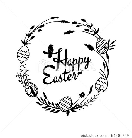 Happy Easter greeting card with floral wreath made of hand drawn meadow flowers, field herbs Happy Easter greeting card with floral wreath made of hand drawn meadow flowers, field herbs 64201799