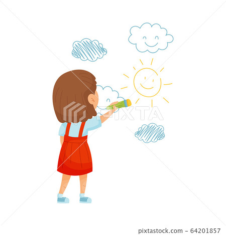 Smiling Girl Drawing Clouds with Felt Pen on the Wall Vector Illustration Smiling Girl Drawing Clouds with Felt Pen on the Wall Vector Illustration 64201857