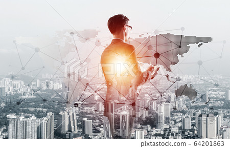 Concept of business success and control with confident boss against cityscape background 64201863