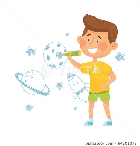 Smiling Boy Drawing Space with Felt Pen on the Wall Vector Illustration 64201872