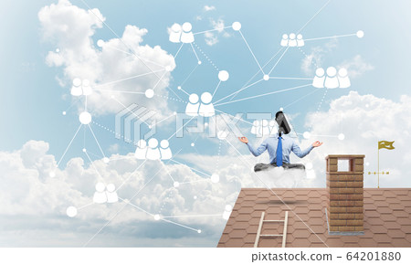 Concept of security and privacy protection with camera headed man meditating 64201880