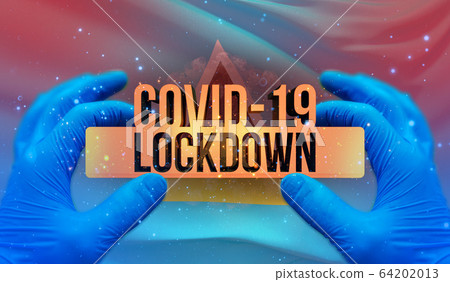 COVID-19 lockdown concept with backgroung of waving national flag of St. Lucia. Pandemic 3D illustration. COVID-19 lockdown concept with backgroung of waving national flag of St. Lucia. Pandemic 3D illustration. 64202013