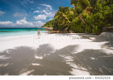 Adult female enjoy tropical white sand beach, palm trees and blue ocean lagoon. Exotic paradise island recreation concept Adult female enjoy tropical white sand beach, palm trees and blue ocean lagoon. Exotic paradise island recreation concept 64202028