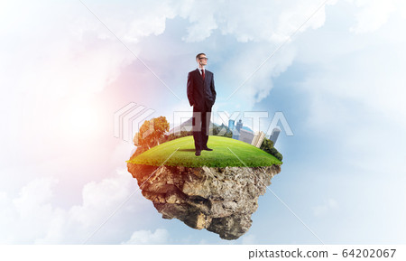 Confident boss and modern city as concept of eco green construction Confident boss and modern city as concept of eco green construction 64202067