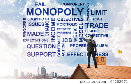 Young businessman standing on house roof and writing leadership skill concept. Mixed media Young businessman standing on house roof and writing leadership skill concept. Mixed media 64202071