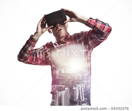 Guy wearing checked shirt and virtual mask demonstrating shock o 64202076