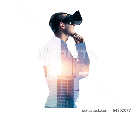 Guy wearing checked shirt and virtual mask with hand on chin Guy wearing checked shirt and virtual mask with hand on chin 64202077