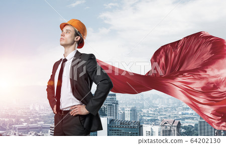 Concept of power and sucess with architect superhero in big city Concept of power and sucess with architect superhero in big city 64202130