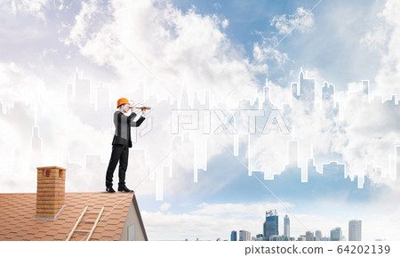 Engineer man standing on roof and looking in spyglass. Mixed media Engineer man standing on roof and looking in spyglass. Mixed media 64202139