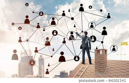Businessman on house roof presenting networking and connection c Businessman on house roof presenting networking and connection c 64202141