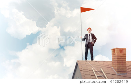 Young businessman with flag presenting concept of leadership. Mi Young businessman with flag presenting concept of leadership. Mi 64202449