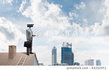 Concept of home security and privacy protection with camera headed man Concept of home security and privacy protection with camera headed man 64202951