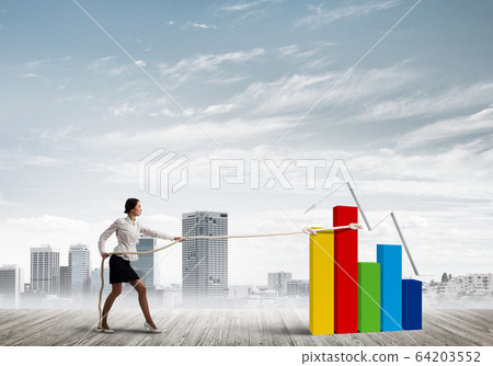 Businesswoman pulling arrow with rope and making it raise up Businesswoman pulling arrow with rope and making it raise up 64203552