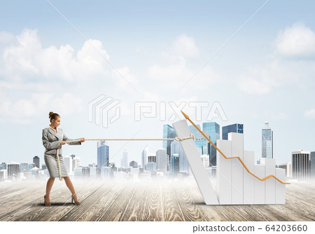 Businesswoman pulling graph with rope as concept of power and control Businesswoman pulling graph with rope as concept of power and control 64203660