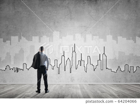 Silhouette of modern cityscape drawn on wall in room 64204066