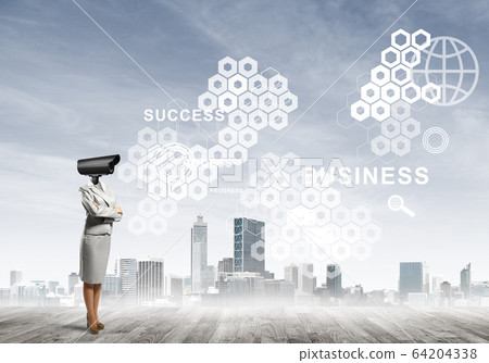 Concept of security and privacy protection with camera headed woman Concept of security and privacy protection with camera headed woman 64204338