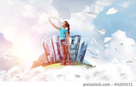Concept of careless happy childhood with girl dreaming about future Concept of careless happy childhood with girl dreaming about future 64204531