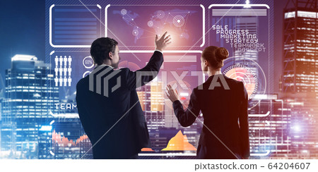 Concept of partnership and cooperation with people using virtual interface Concept of partnership and cooperation with people using virtual interface 64204607