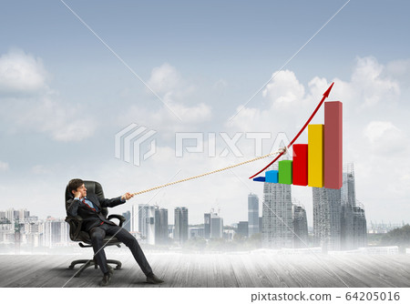 Man pulling with effort big pulling rope graph, as a symbol of financial growth 64205016