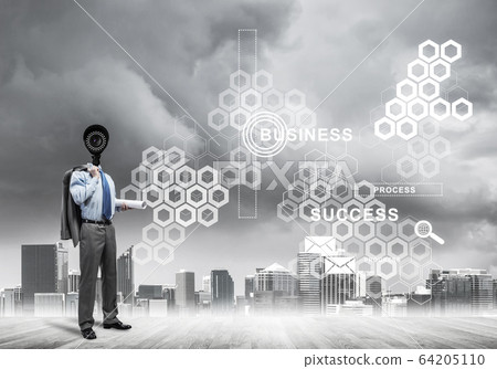 Camera headed man standing on wooden floor against modern citysc Camera headed man standing on wooden floor against modern citysc 64205110