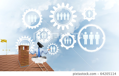 Concept of security and privacy protection with camera headed man meditating Concept of security and privacy protection with camera headed man meditating 64205114