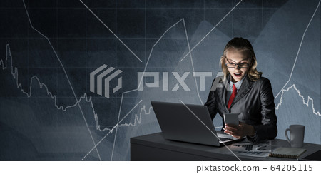 Surprised businesswoman in glasses at office desk Surprised businesswoman in glasses at office desk 64205115
