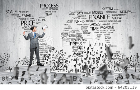 Businessman standing with megaphone. Businessman standing with megaphone. 64205119