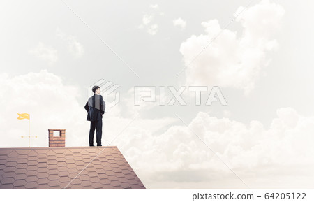 Mister boss on brick roof with arms akimbo. Mixed media 64205122