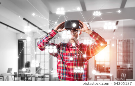 Guy wearing checked shirt and virtual mask demonstrating some emotions Guy wearing checked shirt and virtual mask demonstrating some emotions 64205187
