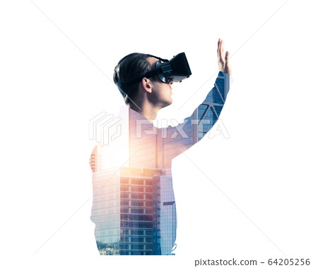 Guy wearing checked shirt and virtual mask stretching hand to to 64205256