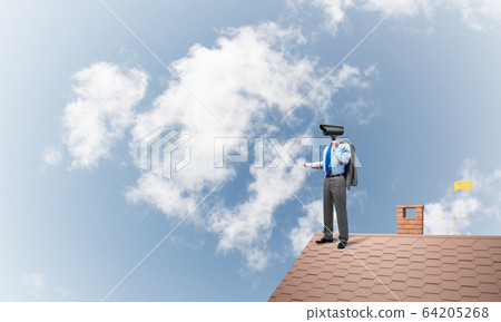 Concept of home security and privacy protection with camera headed man Concept of home security and privacy protection with camera headed man 64205268