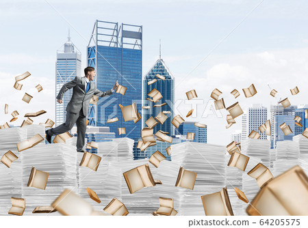 Precise businessman in suit running with phone. Precise businessman in suit running with phone. 64205575