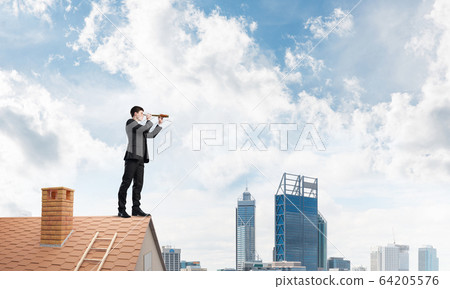 Mister boss on brick roof in search of something new. Mixed media 64205576