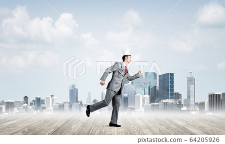 King businessman in elegant suit running and modern cityscape at background King businessman in elegant suit running and modern cityscape at background 64205926