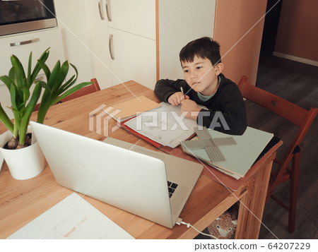 young Caucasian boy following class work online on a laptop computer 64207229
