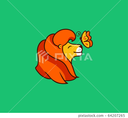 The lion head with butterfly, logo. Vector cartoon character, logotype 64207265